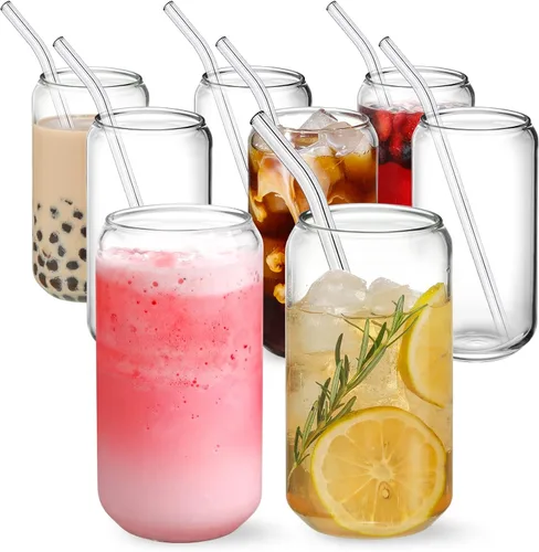 Vista 8 de NETANY Juego de 4 vasos para beber con popote de vidrio, vasos de vidrio Highball de 16 onzas, vasos de cerveza, vasos de café helado, lindo vaso
