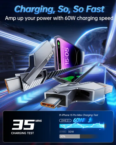 Vista 5 de SHEZI [Actualizado 2.0] 4-en-1 Cable USB C Corto 60W 0.6 Pies Carga Rápida [Sincronización de Datos 480Mbps] Cargador Combo de Cordón Plano Trenzado