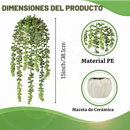 Vista 3 de Plantas suculentas artificiales, pequeña cadena de perlas con maceta de cerámica, cadena de perlas artificiales adecuadas para decoración del jardín