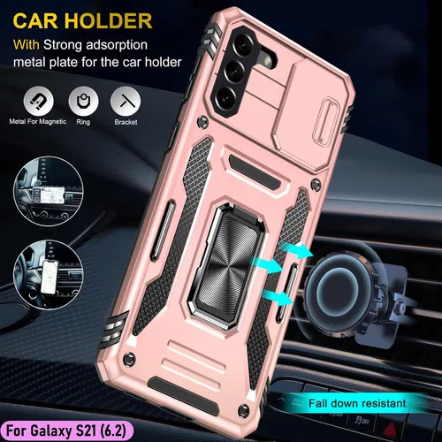 Vista 8 de Funda resistente para Samsung Galaxy S21, protector híbrido de goma de doble capa de grado militar con protector de cámara deslizante, soporte
