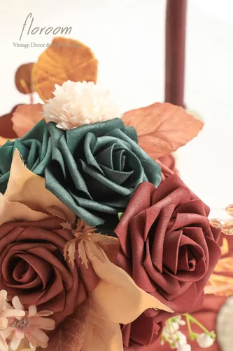 Vista 2 de Floroom Flores artificiales, 25 piezas de rosas falsas de espuma de color verde azulado de aspecto real con tallos para bricolaje, ramos de boda