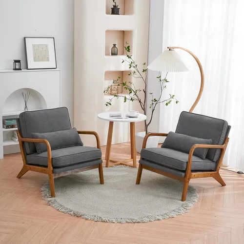 Vista 5 de Silla decorativa para sala de estar, sillón tapizado moderno de mediados de siglo con almohada, sillón de lectura, cómoda silla decorativa para Gris