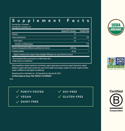 Vista 3 de Gaia Herbs Gomitas orgánicas de Ashwagandha – Apoyo al estrés* – Hechas con canela y jengibre – Sin gluten y veganas – 120 unidades (40 porciones)