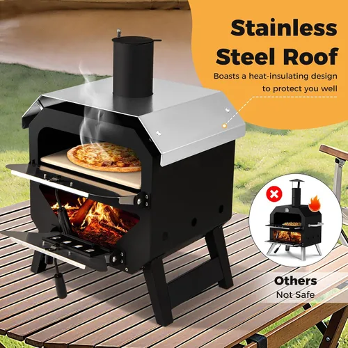 Vista 8 de Happygrill Horno de Pizza para Exteriores, Estufa de Pizza Portátil de 12" de leña con Piedra para Pizza, Pala para Pizza y Funda de Tela Oxford