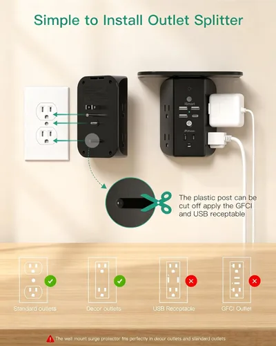Vista 5 de Extensor de toma de pared con estante y luz nocturna, protector de sobretensiones, cargador de pared USB con 5 salidas de CA y 3 puertos USB A, 1