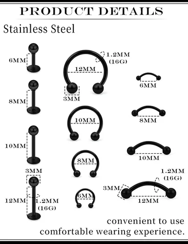 Vista 3 de 16G 20G Anillos de labio de herradura, septum, nariz, anillos de tragus de acero quirúrgico, hélice, caracola, torre, daith, snug, cartílago