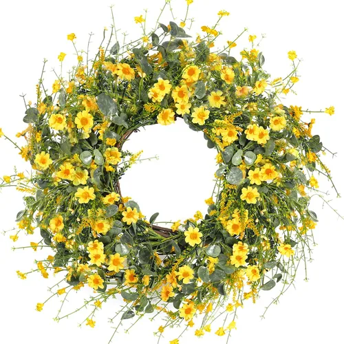 Vista 8 de Sggvecsy Corona de margaritas azules de 24 pulgadas para primavera y verano, corona floral de seda falsa con hojas de eucalipto verdes y lavanda