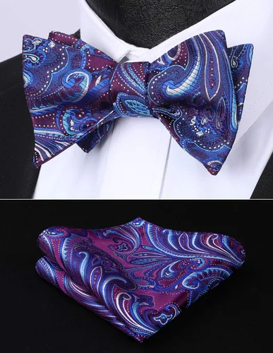 Vista 160 de HISDERN Pajaritas para hombre, corbatín de cachemira para hombre, corbata de lazo y bolsillo cuadrado, juego formal de esmoquin para boda