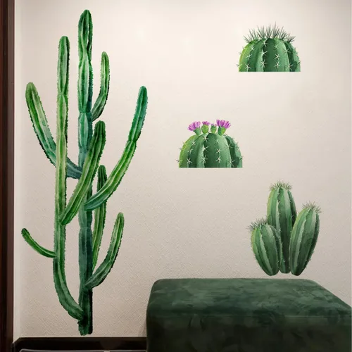 Vista 2 de Runtoo Calcomanía de pared de cactus bohemios, plantas botánicas verdes, calcomanías de pared para sala de estar, dormitorio, cocina, decoración
