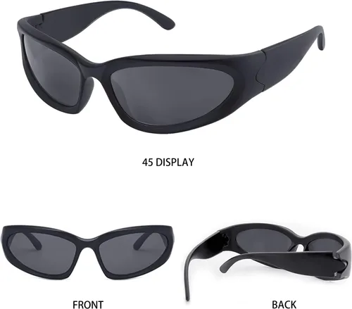 Vista 6 de knliwkm 2 pares de lentes de sol Y2K envolventes deportivos futuristas ovalados para mujeres y hombres, modernos tonos plateados