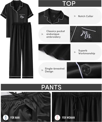 Vista 6 de AW BRIDAL Juego de 4 pijamas de satén a juego para parejas, pijamas de seda suave de manga corta para mujeres, hombres, parejas, regalos para señor