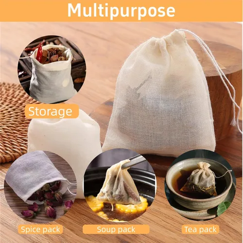 Vista 4 de Paquete de 50 bolsas de muselina de algodón con cordón, bolsas de té reutilizables, bolsas de especias/bolsas de filtro para té de hojas sueltas