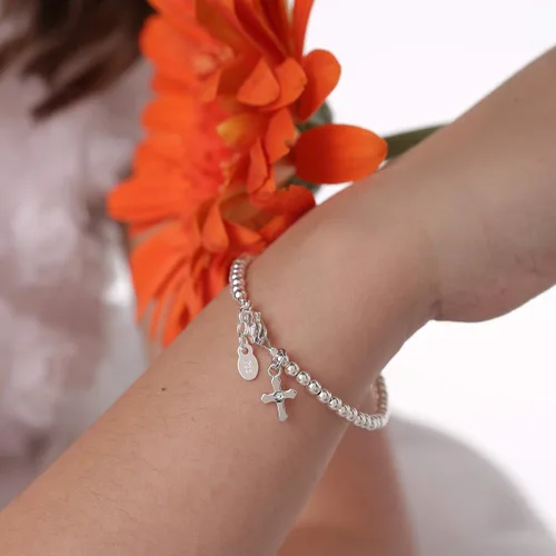 Vista 4 de Pulsera de niña chapada en oro de 14 quilates con encanto de cruz infinita para niñas bautizos, bautizos, primera comunión y regalo de recuerdo