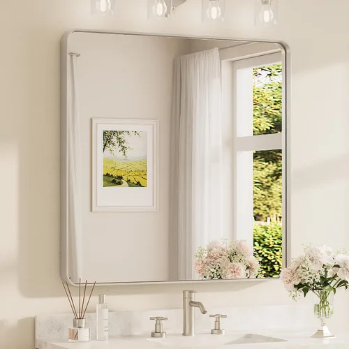 Vista 67 de Espejo de marco dorado cepillado de 16 x 24 pulgadas, espejo de tocador de baño de latón dorado para pared, espejo enmarcado rectangular de esquina