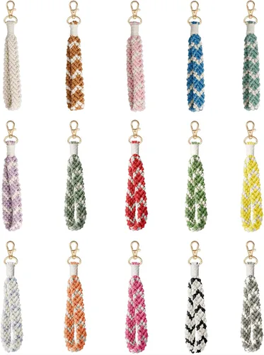 Vista 5 de Llavero de macramé bohemio hecho a mano, llavero de muñeca de dos tonos para mujeres y niñas