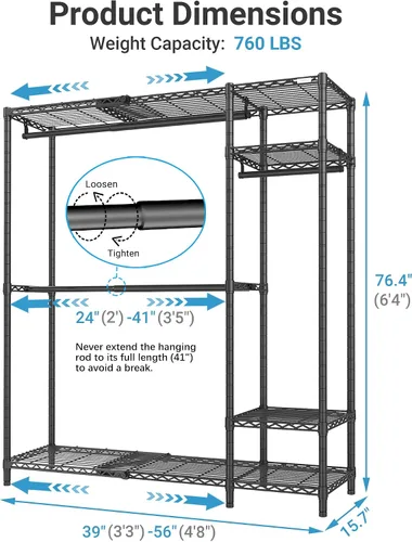 Vista 6 de VIPEK X20 - Perchero de metal expandible ajustable de 3 pies 3 pulgadas a 4 pies 8 pulgadas, percheros resistentes con estantes ajustables y barras