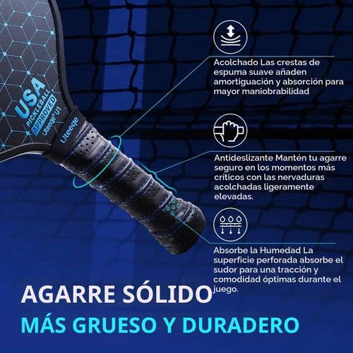 Vista 4 de Uteeqe Juego de 2 palas de pickleball de grafito, termoformadas en un molde, semi-texturizadas para mayor grano y giro, ligeras, aprobadas por