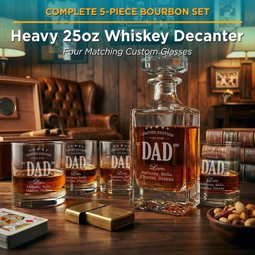 Vista 8 de Juego de decantador de whisky personalizado con vasos para papá, juegos de decantadores de bourbon personalizados, 4 diseños, vasos de whisky