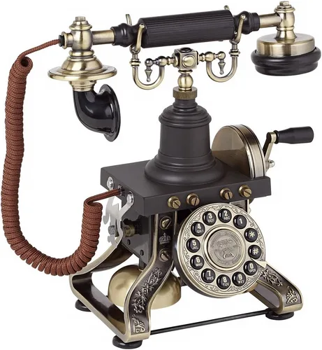 Vista 11 de Teléfono antiguo de metal con receptor y micrófono (no funciona) Abalorio de decoración antigua, escultura de teléfono vintage, hierro, negro