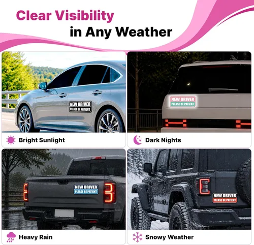 Vista 5 de GEEKBEAR Imán de coche New Driver – Colorido, reflectante, resistente a la intemperie – Rectangular 8.7 x 3.5 pulgadas (rosa/rosa, paquete de 3)