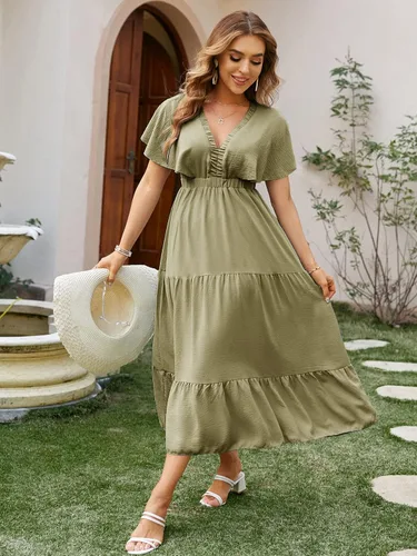 Vista 3 de Amegoya - Vestido largo casual de manga corta con cuello en V para mujer, diseño floral, estilo bohemio, para la playa, sesión de fotos, con volantes