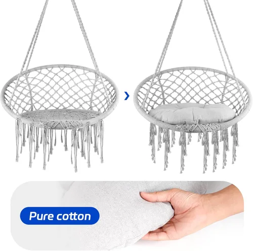 Vista 4 de Silla hamaca de macramé, silla colgante tejida a mano con cuerda de algodón de 330 libras de capacidad, hamaca con borlas de macramé para soporte