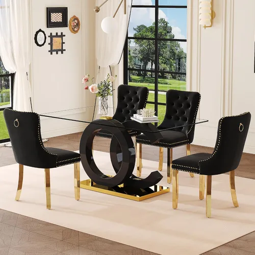 Vista 15 de Ebullient 63" Modern Glass Dining Table Set for 4, Black & Gold 5-Piece Set Glass Table & Beige Chairs
