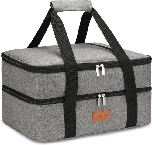 Vista 7 de Uoxfill Bolsa de almuerzo aislada térmica para alimentos aislados de dos pisos para alimentos calientes o fríos, bolsa de mano aislada para comidas