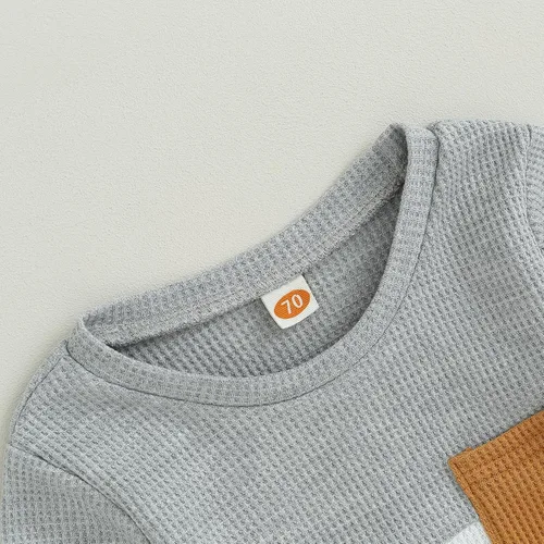 Vista 4 de Ropa de bebé niño de 0 a 3 años, sudadera con retazos de gofre, camisa y pantalones, traje de otoño e invierno