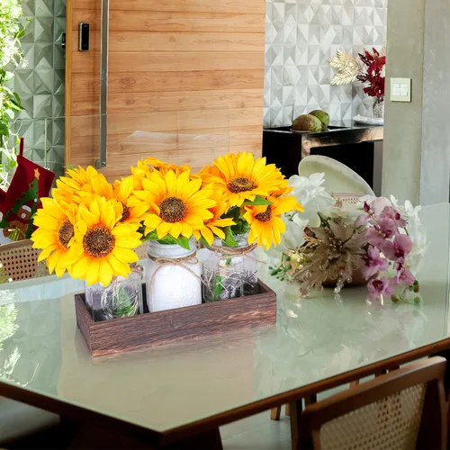 Vista 5 de Fowecelt 3 piezas de girasoles artificiales de cristal, centro de mesa, girasoles falsos, arreglos florales con maceta rectangular de madera