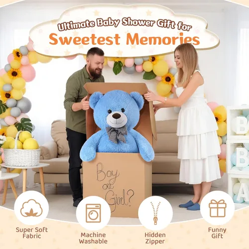 Vista 6 de MorisMos Oso de peluche gigante con corbata de 4 pies, 47 pulgadas, oso de peluche grande clásico, regalo para novia novio en cumpleaños, azul