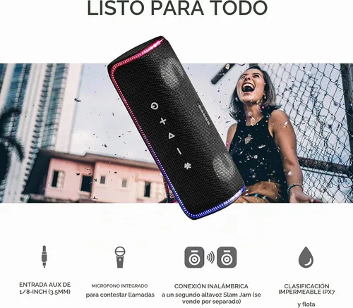 Vista 7 de ION Audio Slam Jam-IPX7 - Altavoz Bluetooth impermeable con micrófono, batería recargable, 15 sonidos de batería, entrada auxiliar y puerto de carga