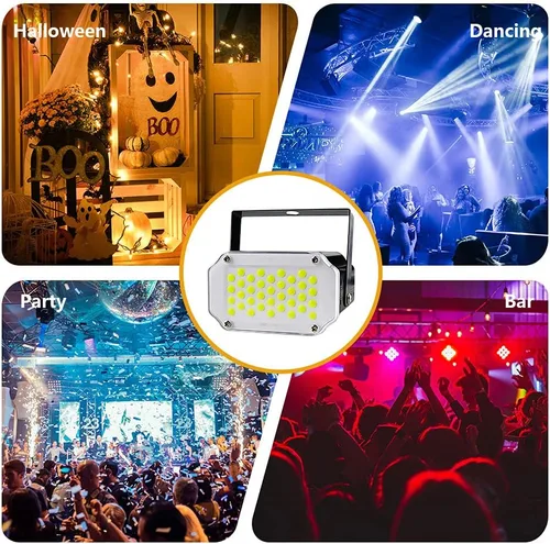 Vista 2 de Luz estroboscópica de Halloween, 36 luces LED estroboscópicas blancas superbrillantes, activadas por sonido y control de velocidad de flash, mini