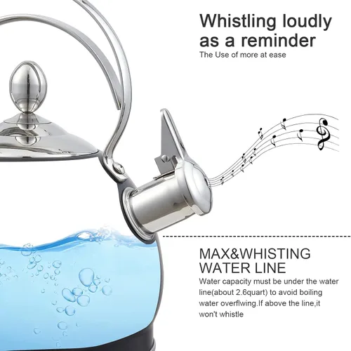 Vista 4 de Creative Home - Tetera silbante de acero inoxidable de 2.5 cuartos de galón con fondo de aluminio capsulado para agua caliente de ebullición rápida