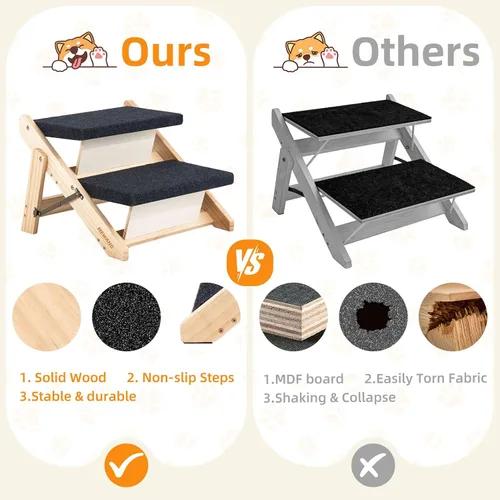 Vista 3 de MEWANG Wood Pet Stairs/Pet Steps - Escalera y rampa plegable de 2 niveles para perros, perfecta para camas y coches - Escalera portátil