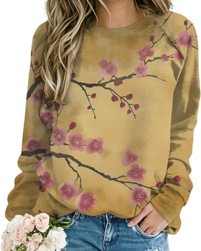 Vista 20 de ZOCANIA Sudaderas para mujer, sin capucha, manga larga, cuello redondo, estampado floral, ajuste holgado