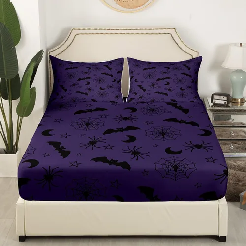 Vista 30 de Juego de sábanas bajeras con bonito diseño de gato negro para niños y niñas, diseño de dibujos animados de Halloween, gato, animales, sábanas