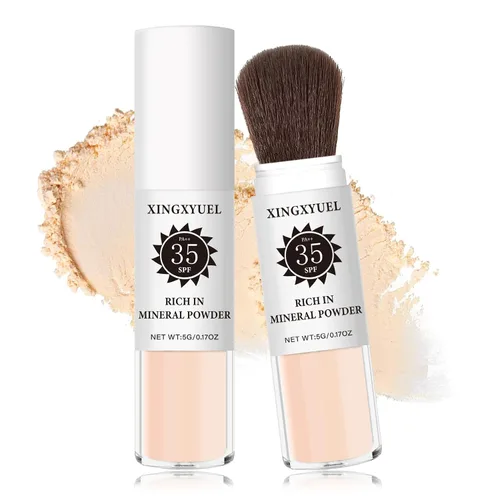 Vista 10 de Polvo de ajuste de protector solar mineral para cara y cuero cabelludo, SPF 35 polvo mineral cepillo protector solar control de aceite acabado mate