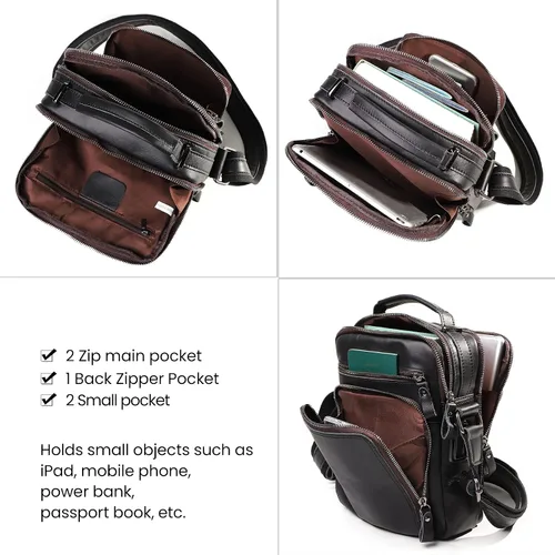 Vista 5 de Bolso bandolera pequeño de cuero genuino para hombre, bolso cruzado de hombro vintage para trabajo, negocios, viajes