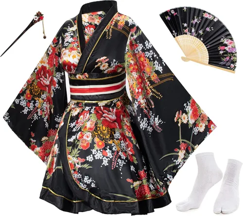 Vista 8 de Elibelle - Kimono de baile de anime japonés para mujer, bata, vestido elegante, abanicos de seda plegables de mano, juego de calcetines con tabi