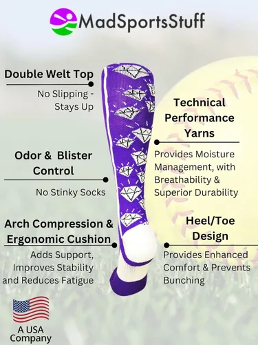 Vista 3 de MadSportsStuff Calcetines de sóftbol con diamantes para niñas, mujeres, niños, jóvenes y adultos, fútbol por encima de la pantorrilla