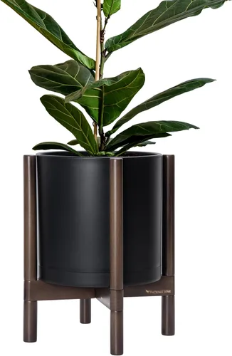 Vista 39 de Maceta de D'vine Dev con soporte - Maceta de flores de cilindro de plástico de 8.0 pulgadas con soporte de madera para interiores, maceta mate negra