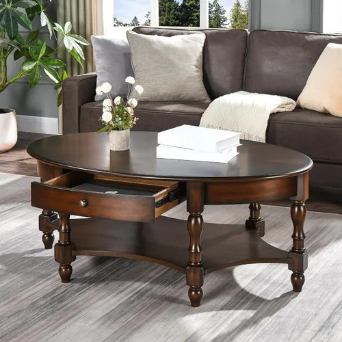 Vista 11 de Mesa de centro con cajón, mesa central ovalada de madera maciza con estante de almacenamiento, mesa de sala de estar tradicional con elegante