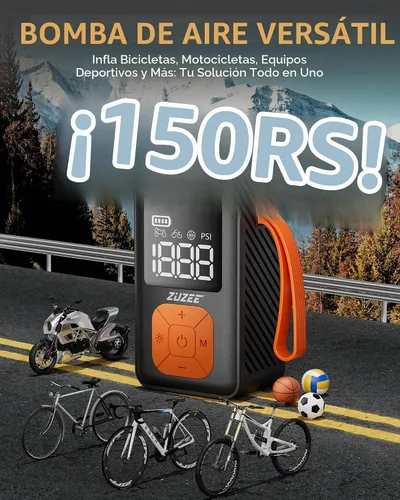 Vista 2 de ZUZEE Mini Bomba de Bicicleta, Bomba de Neumáticos de Bicicleta Portátil de 150 PSI con Medidor, 3 Veces Más Rápida y Parada Automática y Motor Sin