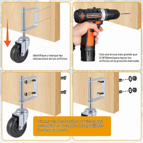 Vista 2 de Ruedas de puerta con resorte para puerta de madera, rueda de puerta resistente con resorte, placa de montaje universal, capacidad de carga