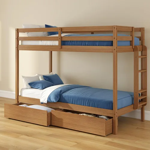 Vista 28 de Grain & Grove - Litera de dos camas con oso, estructura de litera resistente para niños, litera de madera contrachapada con escalera, barandilla