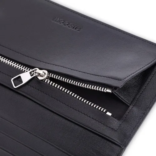 Vista 3 de Cartera larga de piel delgada para hombres y mujeres piel de becerro italiana bolsillo para chequera tarjetas de crédito Piel de becerro negra L