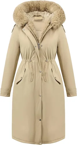 Vista 11 de RISISSIDA Women Winter Puffer Coat,Long Parka,Fur Trim Hood Beige
