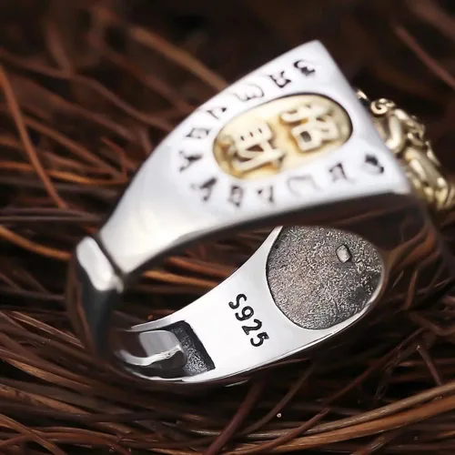 Vista 5 de JUNTEN Anillo de plata de ley 925 Feng Shui PIXIU para hombre, ajustable, abierto