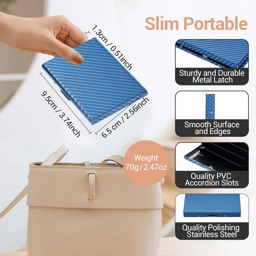 Vista 12 de BONSYL® Soporte para tarjetas de crédito, cartera delgada de metal con bloqueo RFID, con 6 ranuras para tarjetas, para mujeres y hombres.